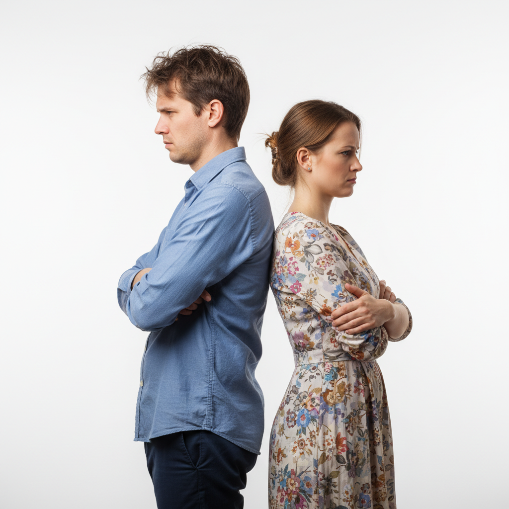 Husband and wife standing back to back